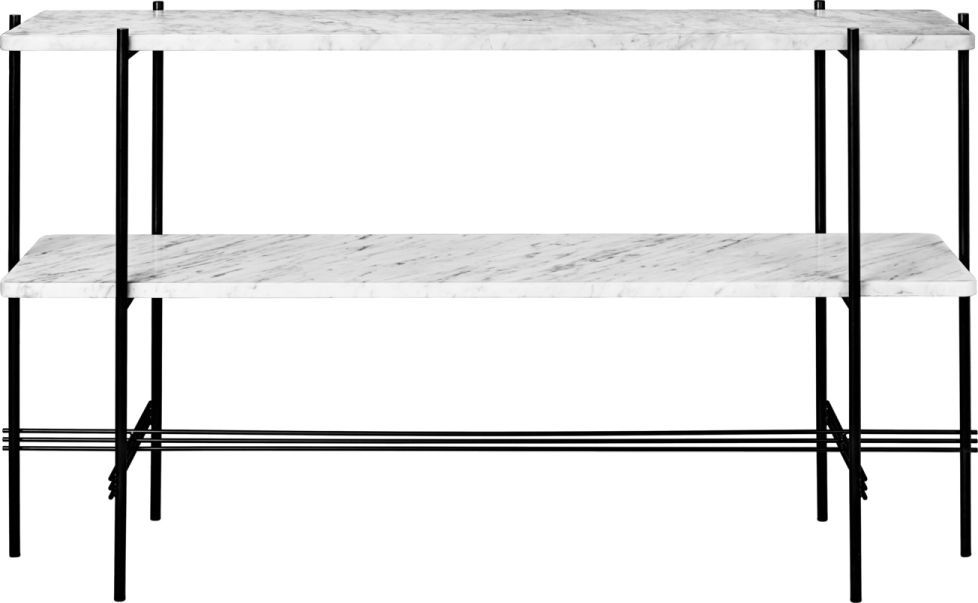 TS Konsole von Gubi mit weißem Marquina Marmor und schwarzem Metallgestell, zwei Ablageflächen.