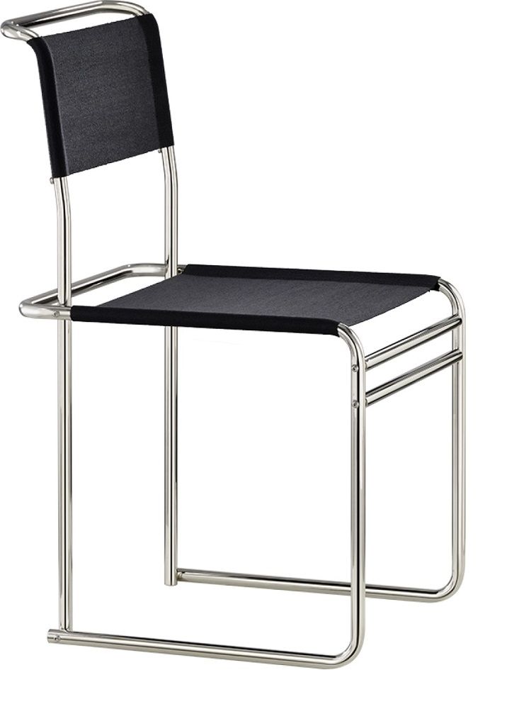 B40 Stuhl mit Bauhaus-Gurt von Tecta: Freischwinger Stuhl mit schwarzer Bespannung und Stahlrohrgestell.