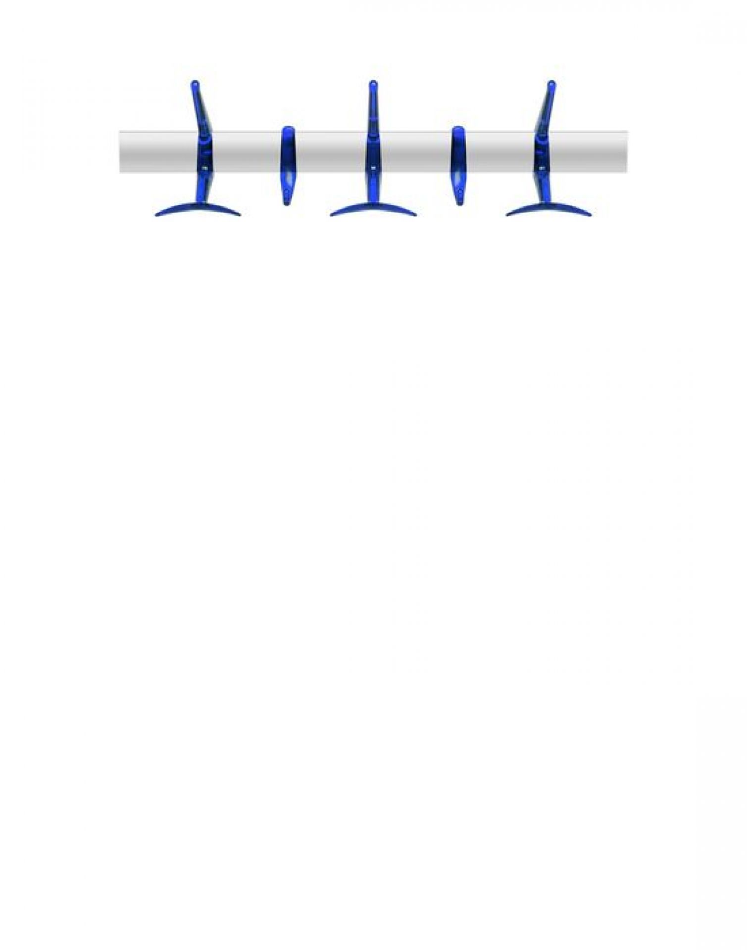 Blaue Hanger Wandgarderobe von Kartell mit fünf Haken an einer weißen Stange.