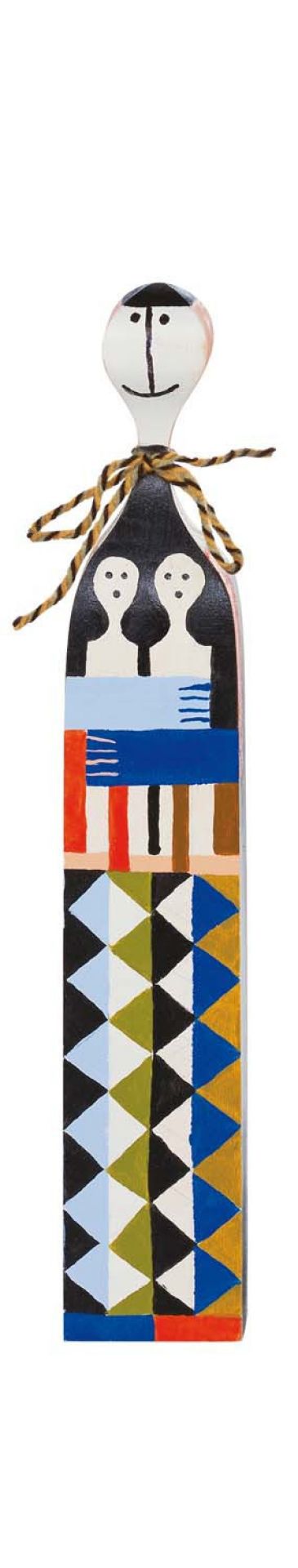 Holzfigur Vitra No 5: Dekorative Holzpuppe mit abstraktem, farbenfrohem Muster und freundlichem Gesicht.