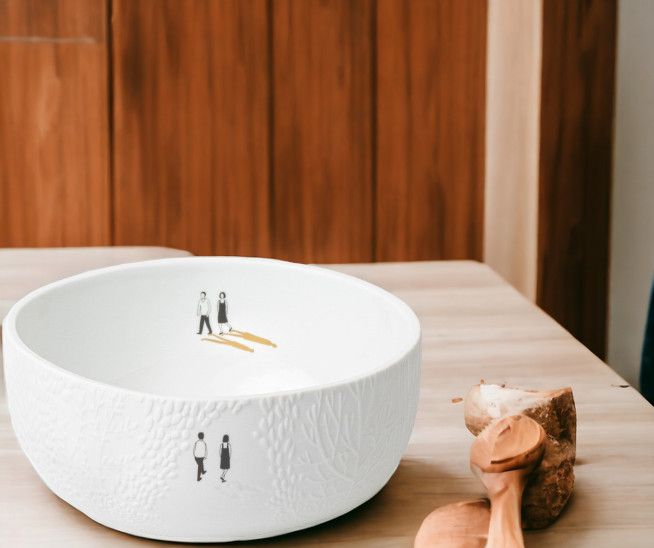 Weiße "Auszeit Schale Parkspaziergang" von Räder mit filigranem Relief und Park-Motiv. Dekorative Schale für Küche und Tisch.