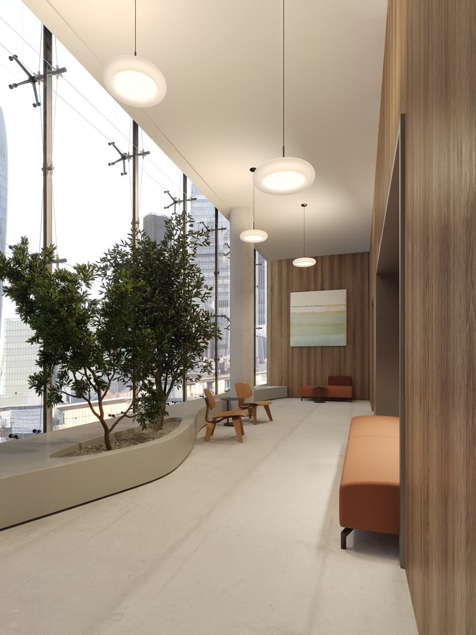 Innenaufnahme mit mehreren Oto Pendelleuchten von Belux, 3000K, in einem modernen Büro.