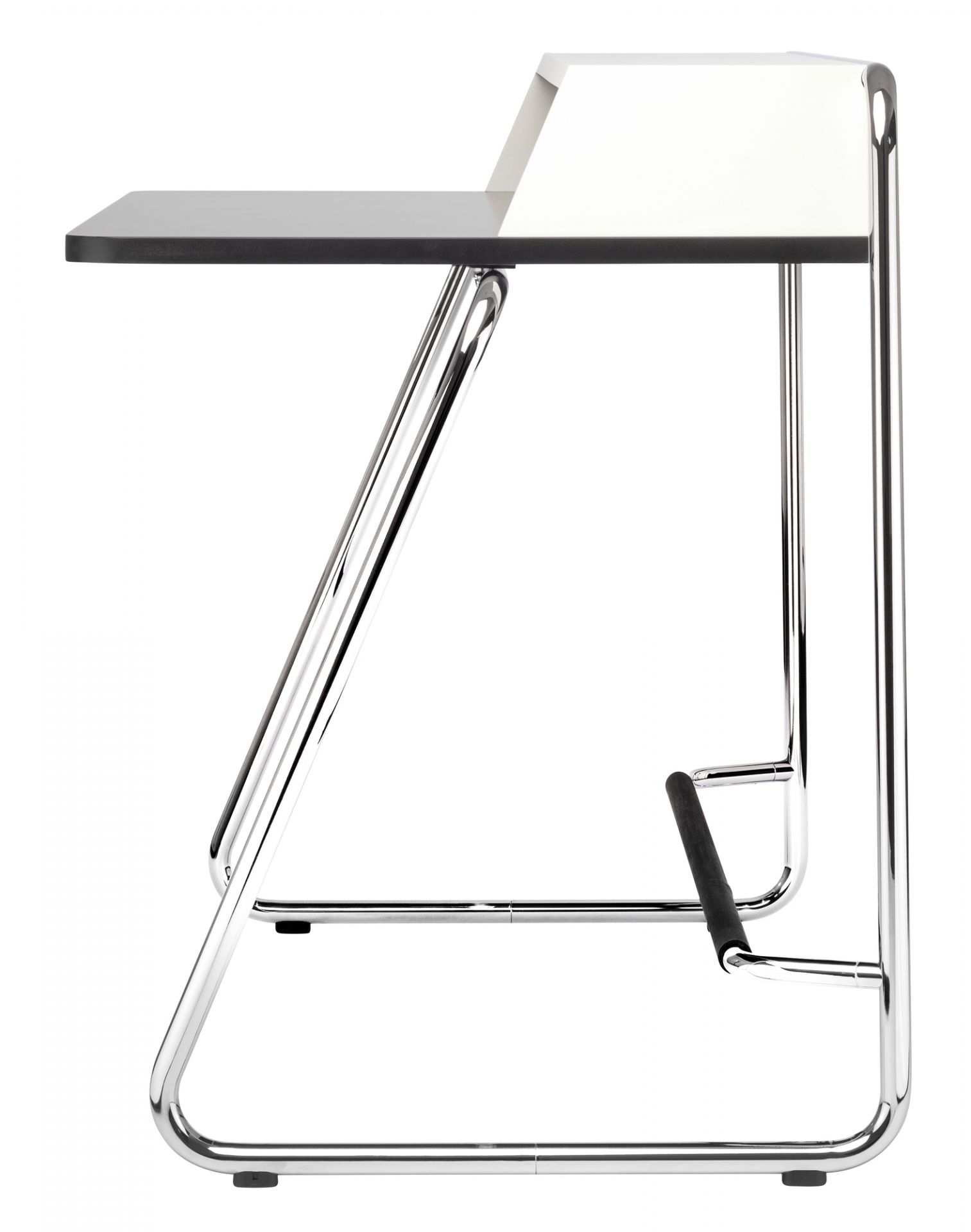 S 1200 Thonet Sekretär: Moderner Schreibtisch mit Stahlrohrgestell und Ablage, seitliche Ansicht. Design Büromöbel.