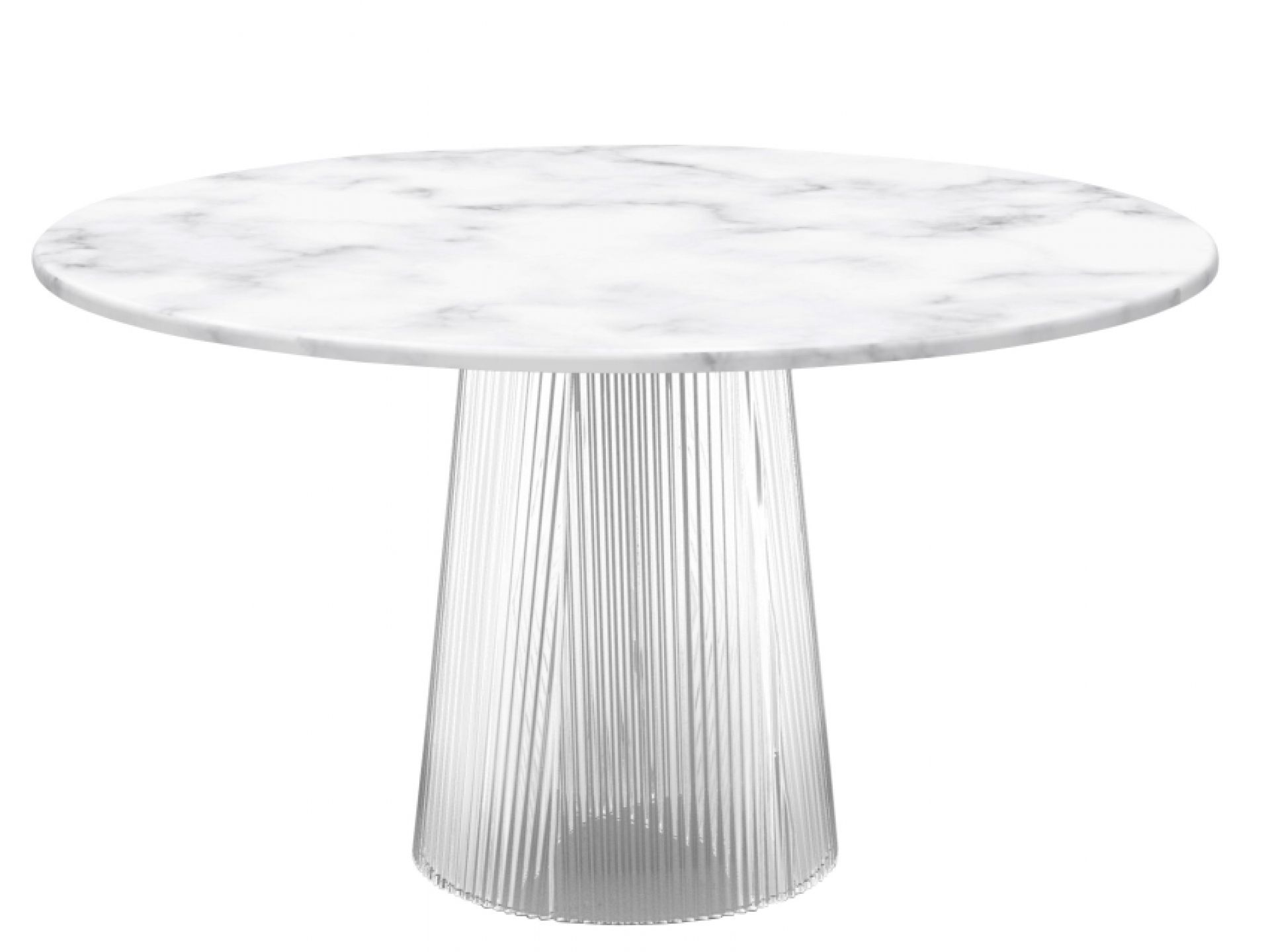 Weißer runder Esstisch mit Marmorplatte und transparentem geriffeltem Fuß, Bent Dining Table.