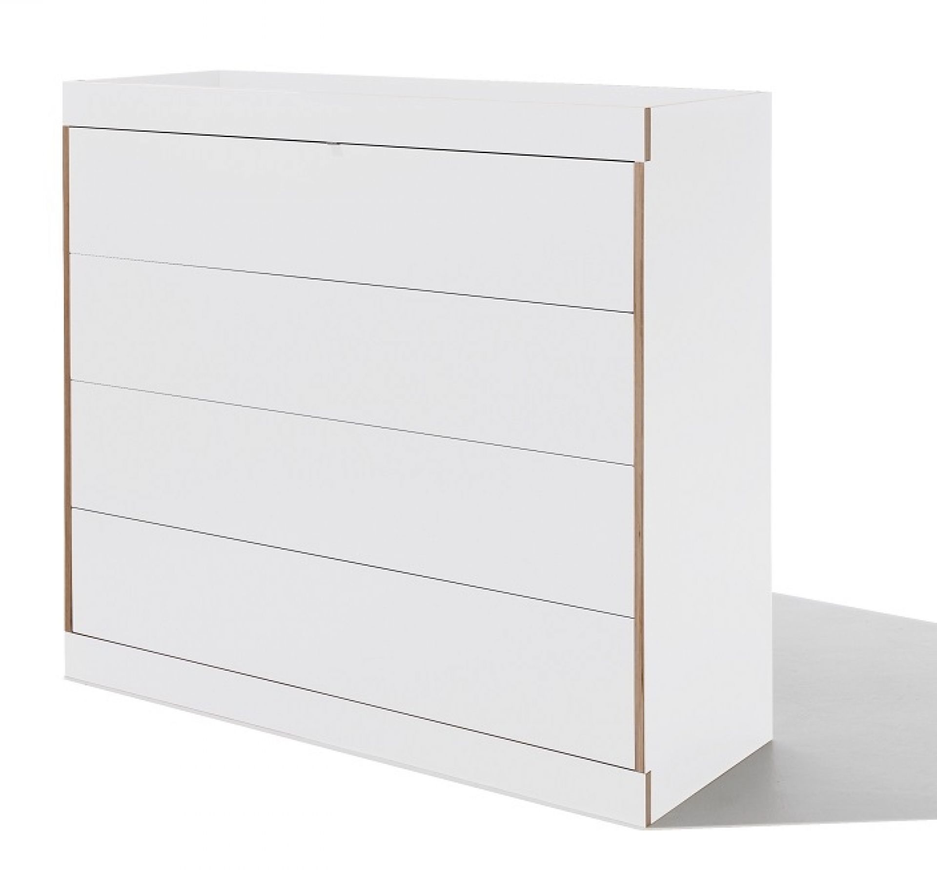 Weiße Flai Kommode von Müller Möbelwerkstätten mit vier Schubladen, modernes Schlafzimmermöbel.