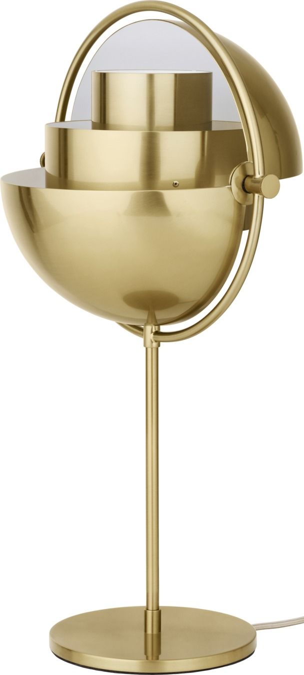 Nahaufnahme der Multi-Lite Tischleuchte von Gubi in Messing, modernes Design.