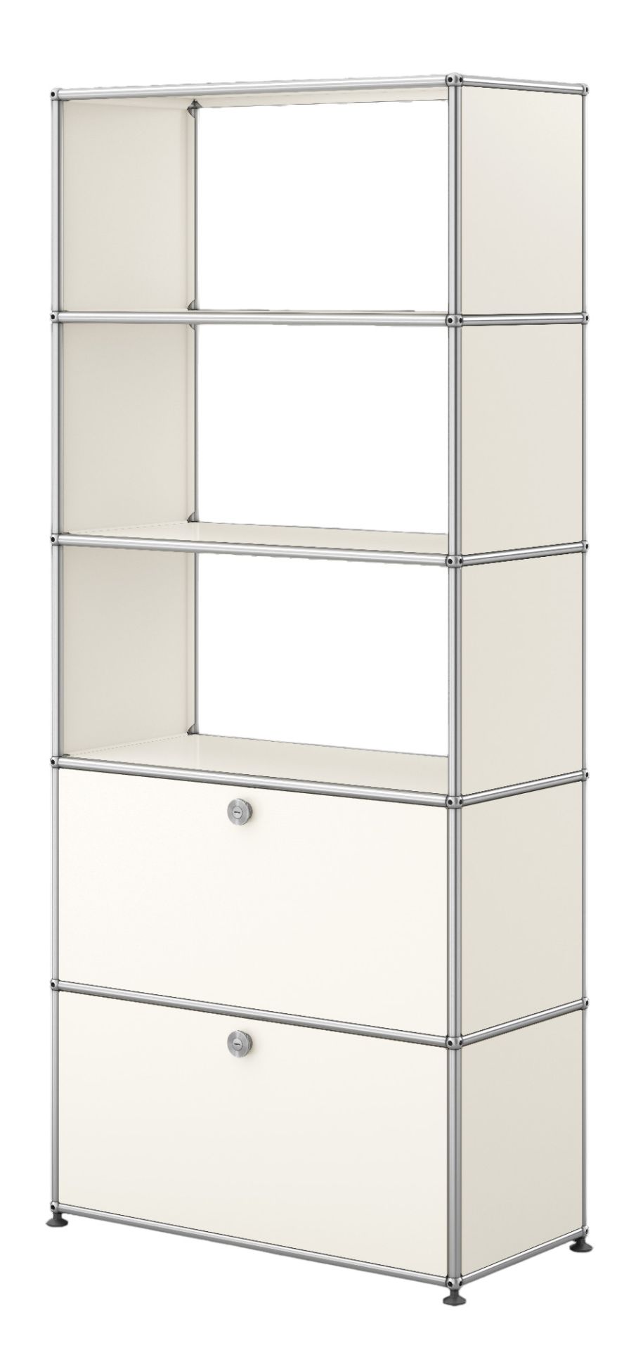 USM Haller Regal in Reinweiß mit zwei Klappen, modulare Möbel für stilvolles Wohnen und Büro.