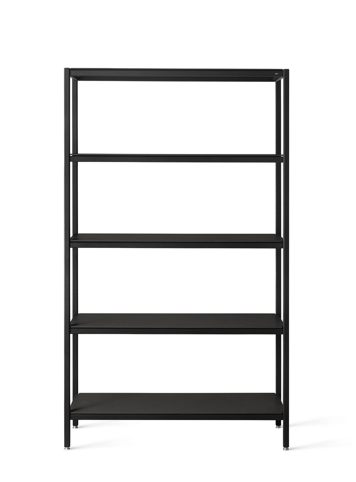 Schwarzes, hohes Vipp Regalsystem mit fünf Regalböden, modernes Design für Wohnzimmer und Büro.