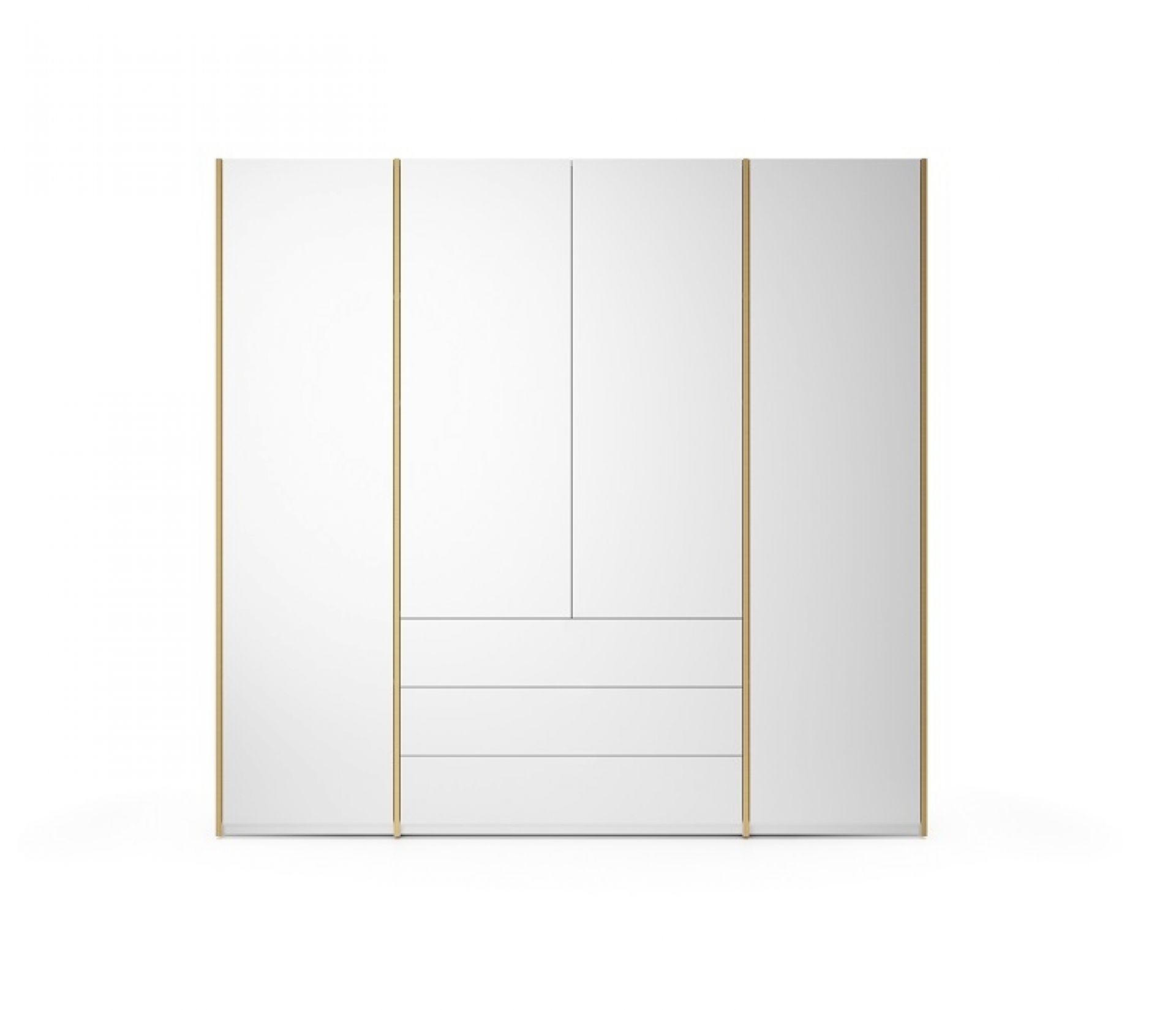 Weißer MODULAR PLUS Schrank von Müller Möbelwerkstätten mit goldenen Akzenten und Schubladen.