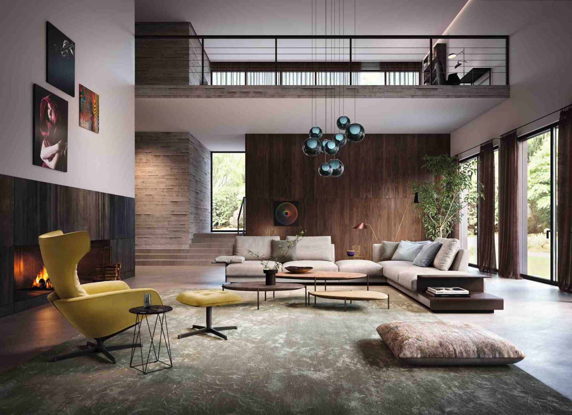 Ishino Metal Table Beistelltisch von Walter Knoll neben einem gelben Sessel in einem modernen Wohnzimmer.