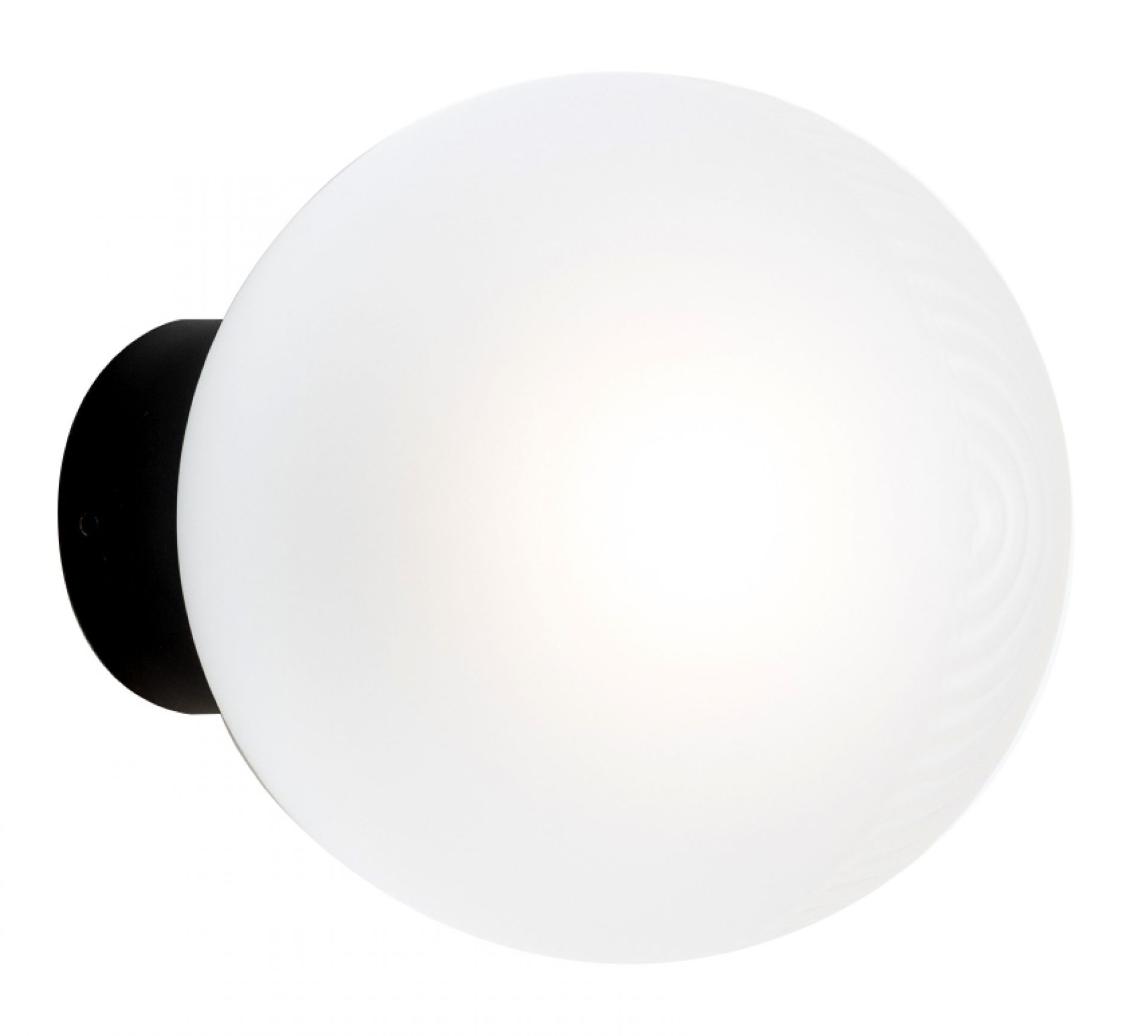 Stellar Wall One Wandleuchte von Pulpo: Runde, weiße Glasleuchte mit schwarzer Wandhalterung.