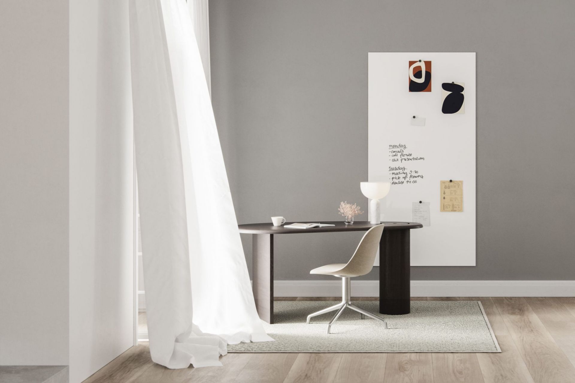 Helle Büroeinrichtung mit Chat Board Elements Glastafel, magnetisch, für Notizen und Organisation.