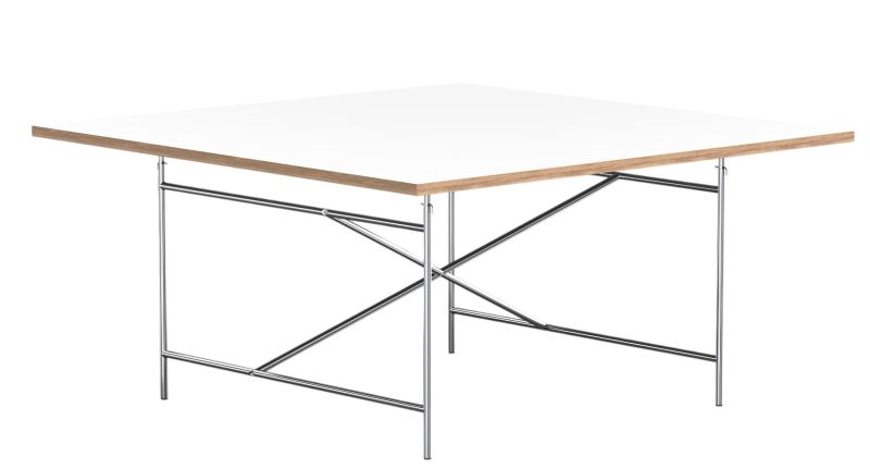 LAMPERT EIERMANN Tisch mit weißer Tischplatte und filigranem, verchromtem Stahlgestell für Konferenzräume oder Büros.