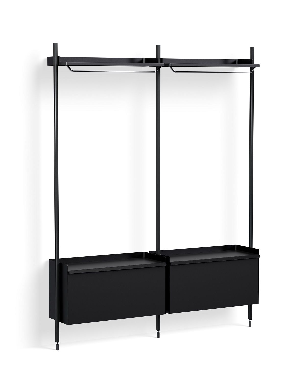 Schwarzes Hay Pier System Regal mit zwei Säulen, Kleiderstange und Schubladen für Garderobe.