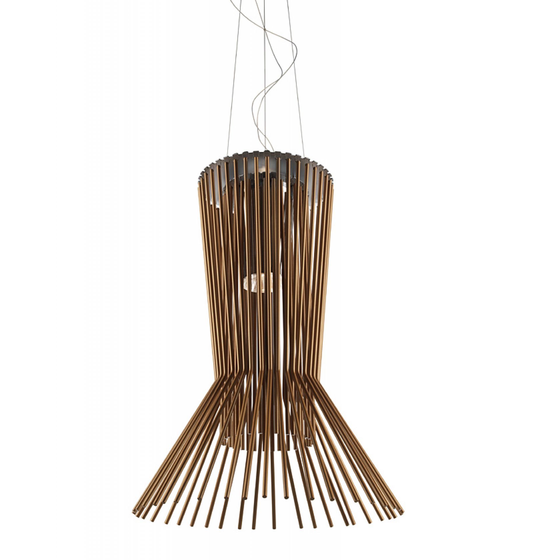 Allegro Vivace Deckenleuchte von Foscarini, moderne Pendelleuchte mit goldenen Stäben und filigraner Aufhängung.