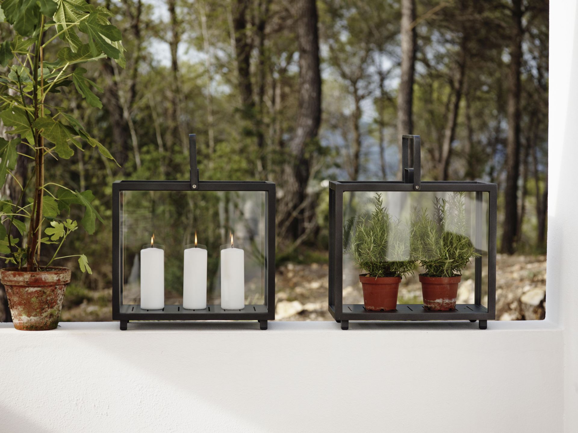 Rechteckige Lighthouse Laterne von Cane-Line mit Kerzen und Pflanzen, Teakholz-Optik, für stimmungsvolle Beleuchtung im Garten.