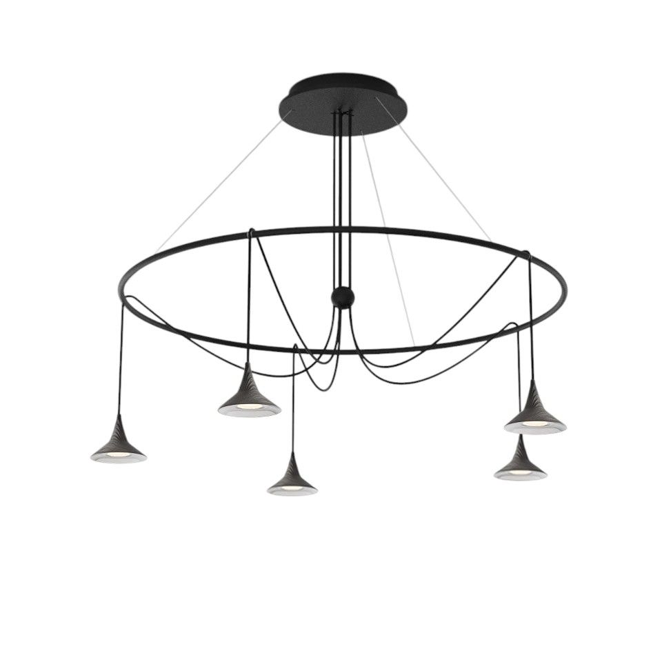 Schwarzer Unterlinden Chandelier Ring Kronleuchter von Artemide mit filigranen Kegel-Lampenschirmen und warmweißem 3000K Licht.
