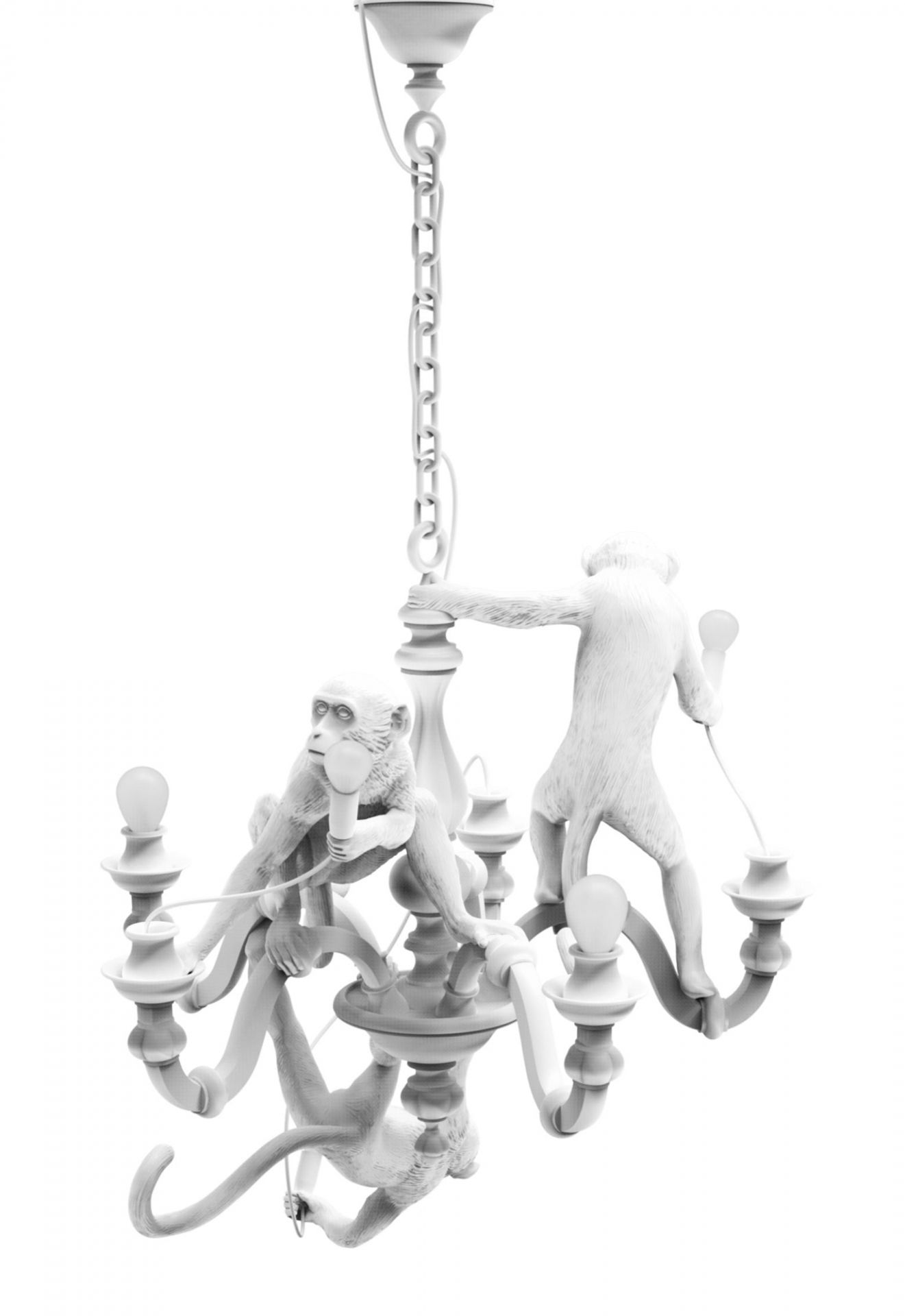 Weiße Monkey Chandelier Pendelleuchte von Seletti: Affenfiguren halten Lampen, modernes Design für Wohnzimmer.