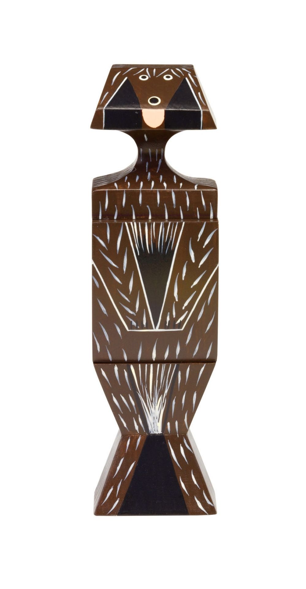 Wooden Dolls Katze Holzfigur von Vitra, braune Deko-Katze mit geometrischen Mustern und minimalistischem Design.