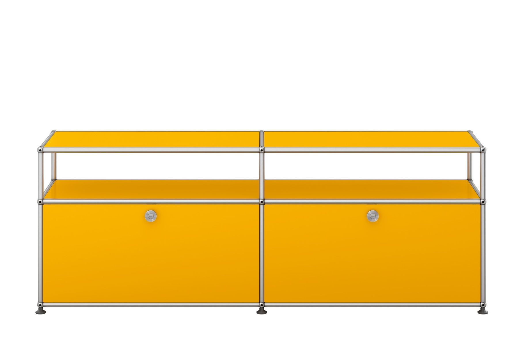 Goldgelbes USM Haller Sideboard mit zwei Schubladen und offenem Fach für TV- und Hi-Fi-Geräte.