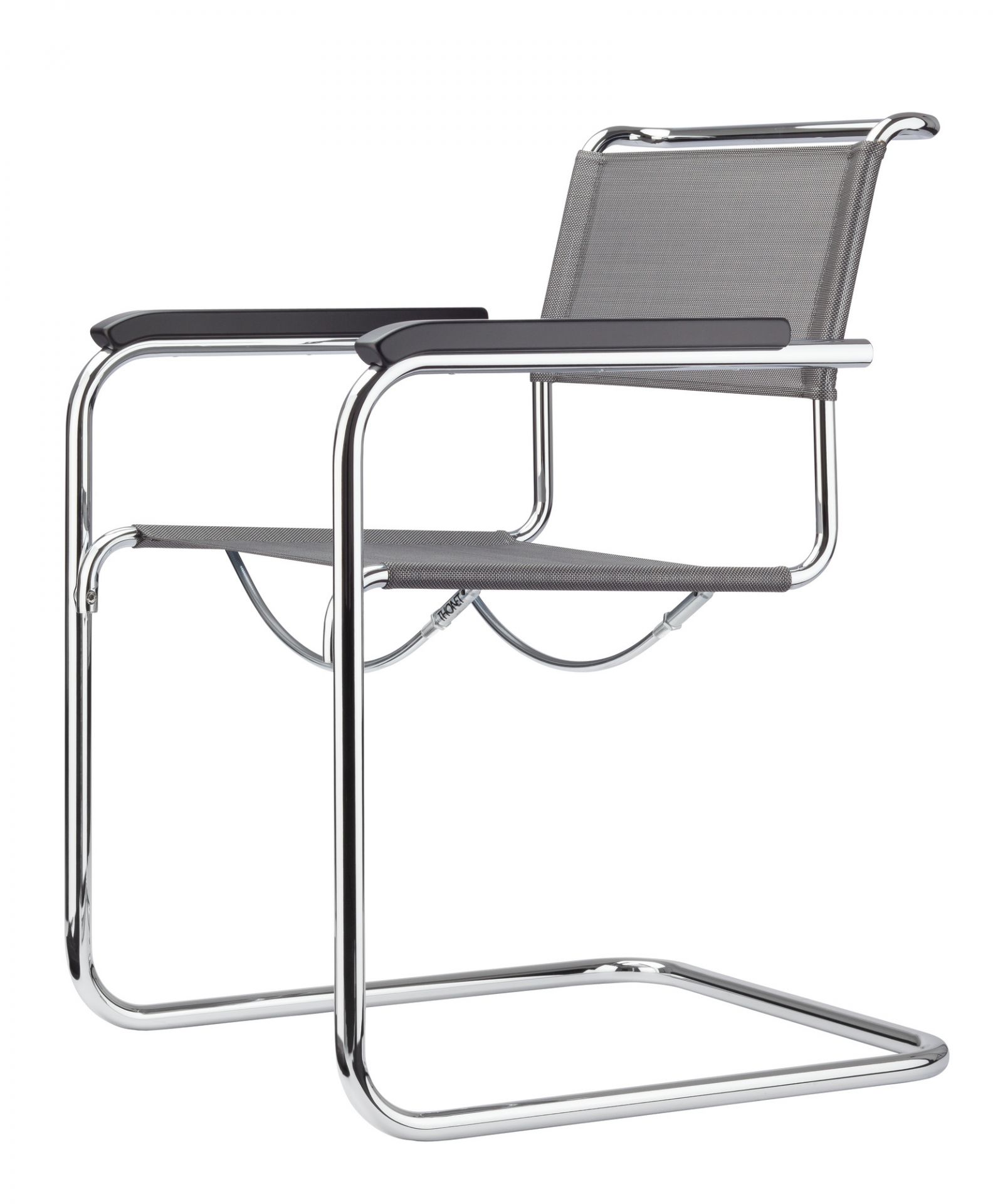 S 34 N Freischwinger von Thonet mit verchromtem Stahlrohrgestell und grauem Netzgewebe für Sitz und Rücken.