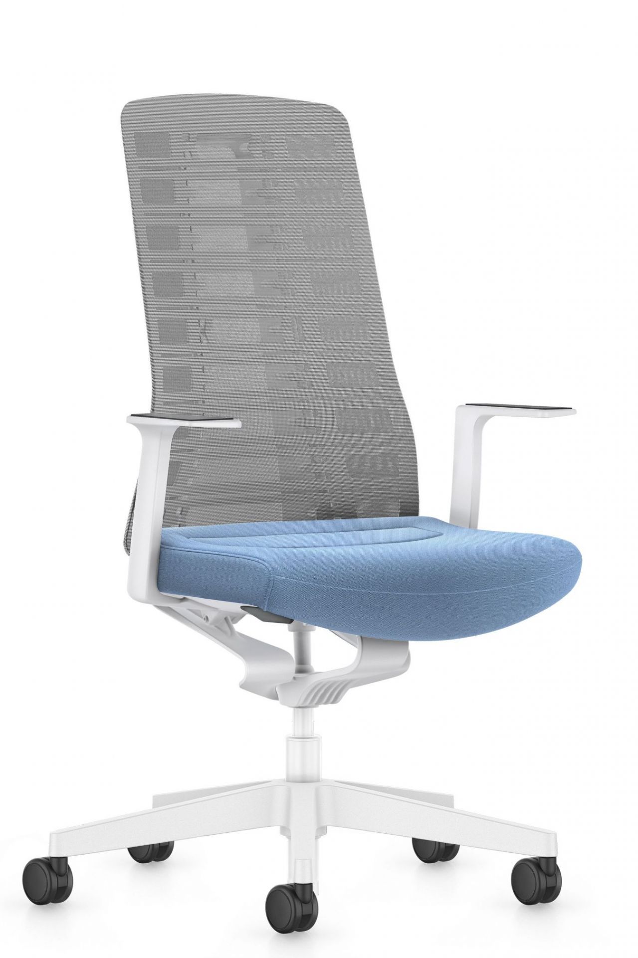 PUREis3 Drehstuhl von Interstuhl mit blauem Sitzpolster und grauem Netzrücken. Ergonomischer Bürostuhl.