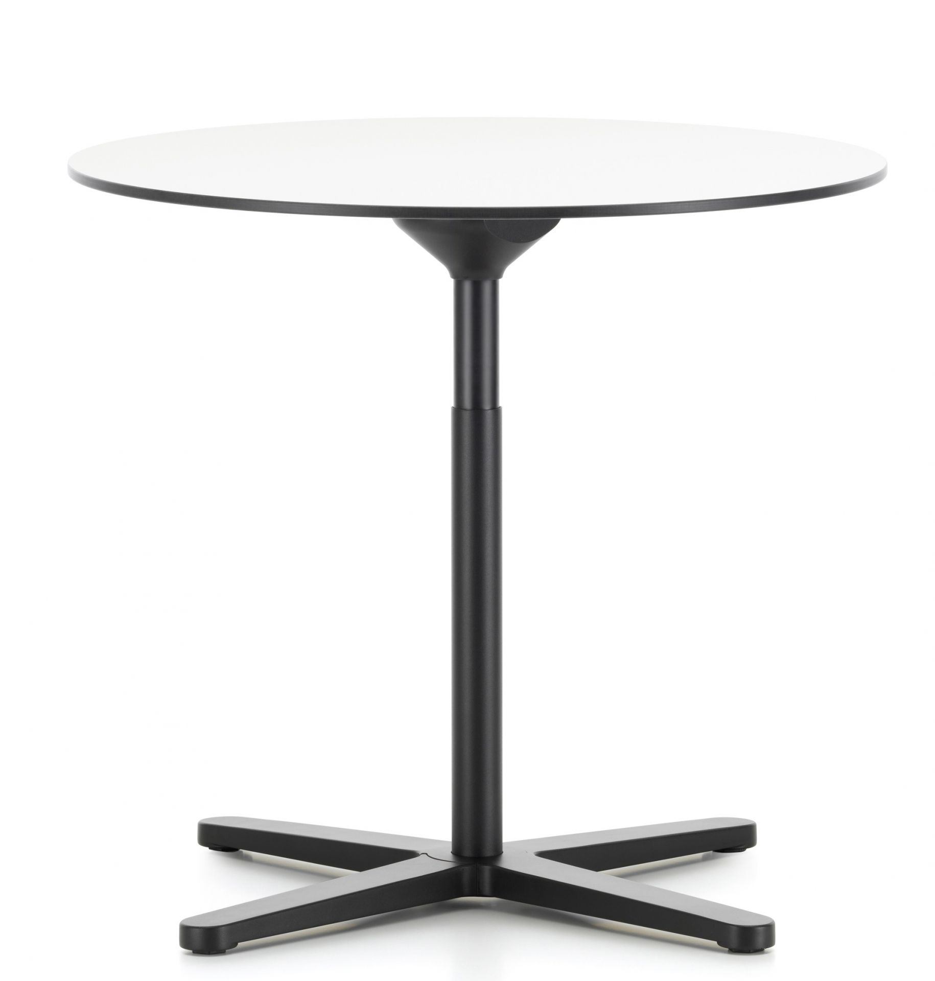 Weißer, runder Vitra Super Fold Table Faltbarer Tisch mit schwarzem Fuß auf weißem Hintergrund.