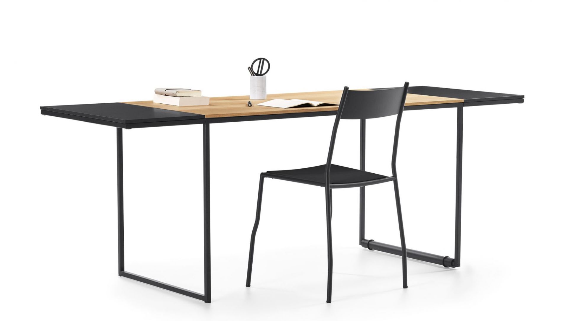 Macis Schreibtisch Eiche mit Schublade und Verlängerungen, modernes Design für Büro und Homeoffice.
