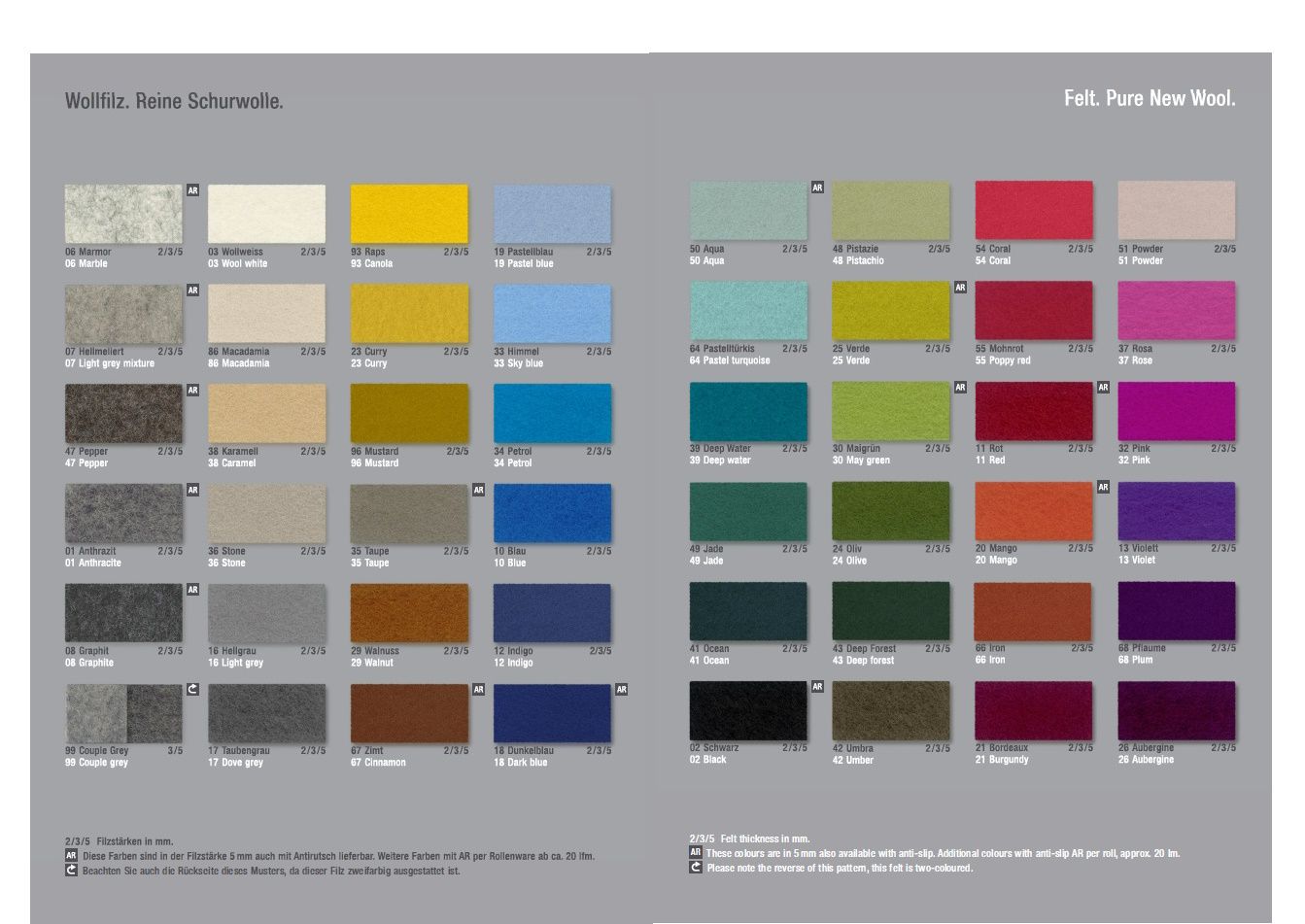 Hey Sign Stoffmusterkarte: Übersicht der Wollfilz Farben und Texturen für nachhaltige Wohnaccessoires.