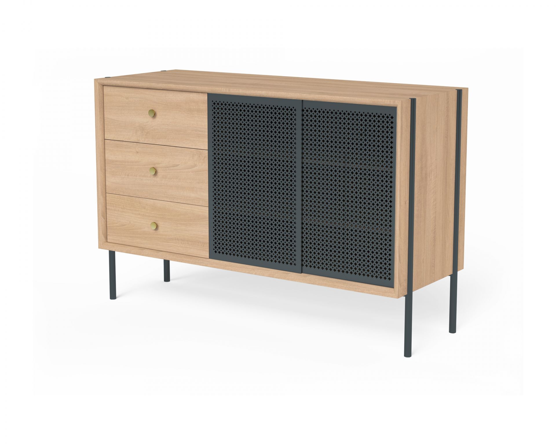 Hartô Gabin Sideboard aus Holz mit drei Schubladen und perforierten Schiebetüren.