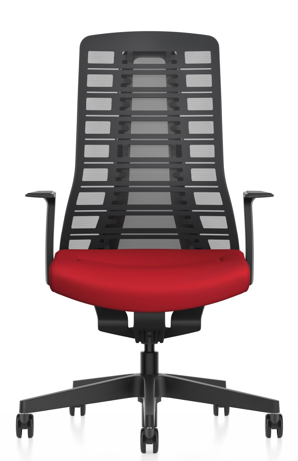 PUREis3 Drehstuhl von Interstuhl mit rotem Sitz und schwarzer Netzrückenlehne. Ergonomischer Bürostuhl.