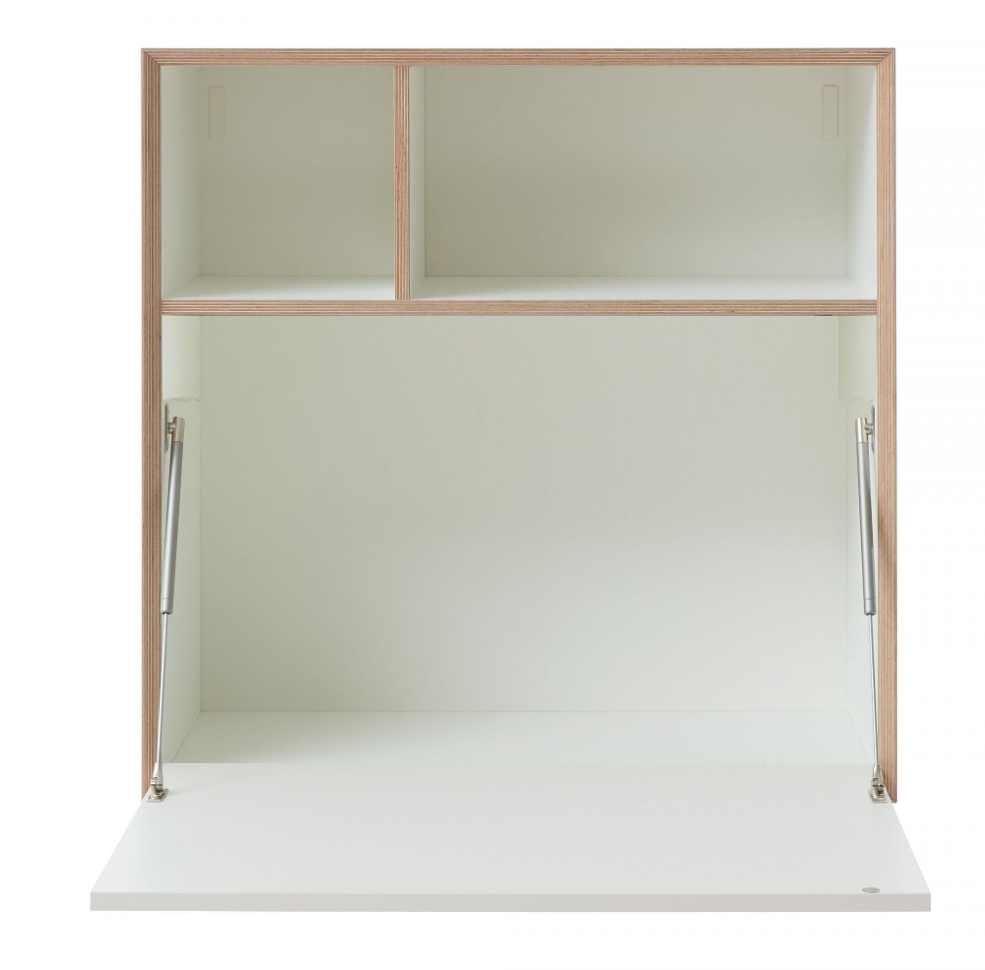 Vertiko Ply Five Wandsekretär von Müller Möbelwerkstätten, weißes Regal mit Fächern und geöffneter Klappe.