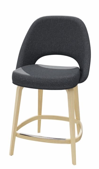 Saarinen Barstool Barhocker von Knoll International, Thekenhöhe 101,5 cm, grauer Stoffbezug und helle Holzbeine.