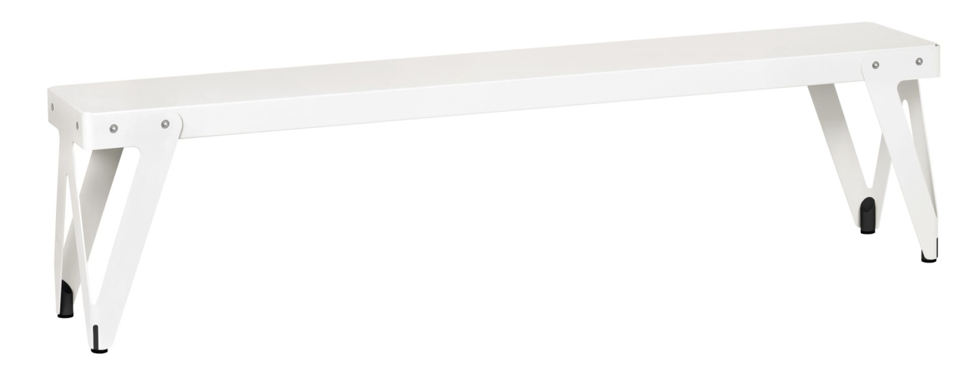 Weiße Lloyd Bank für den Außenbereich mit modernem Design und stabilen Metallbeinen.