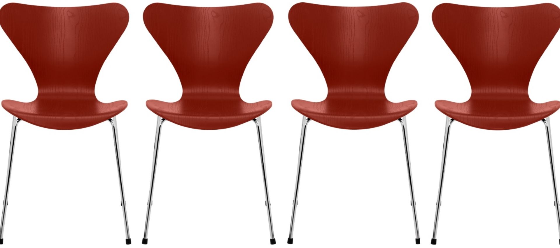 Vier rote Siebener Stühle von Fritz Hansen aus Esche mit Chromgestell im Set.