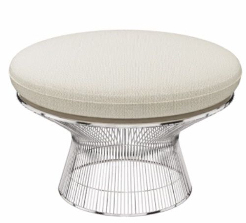 Platner Ottoman von Knoll International mit cremefarbenem Polster und verchromtem Drahtgestell. Moderner Hocker.