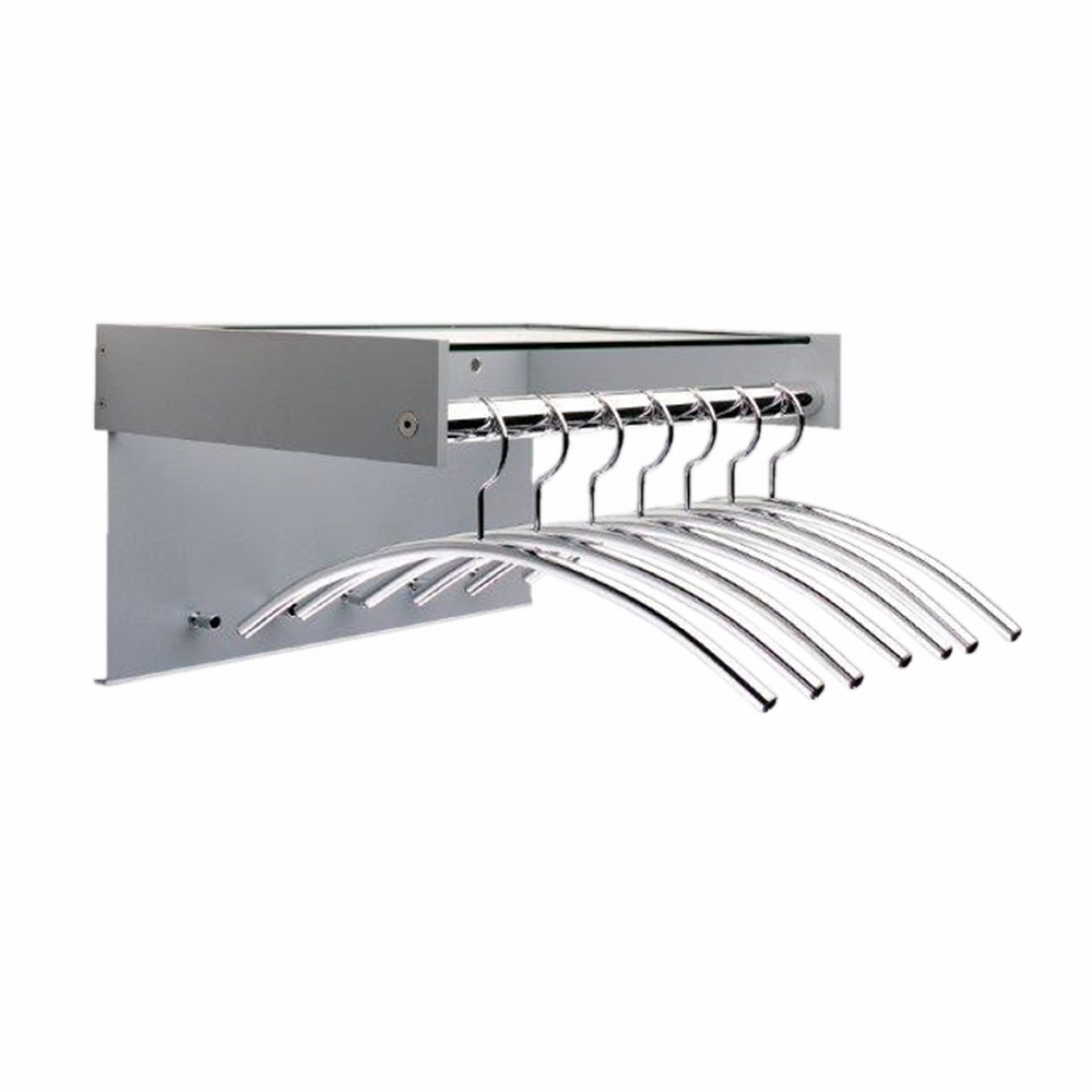 Hangon Wandgarderobe von Cascando mit silbernen Kleiderbügeln und Ablage für Büro oder Zuhause.