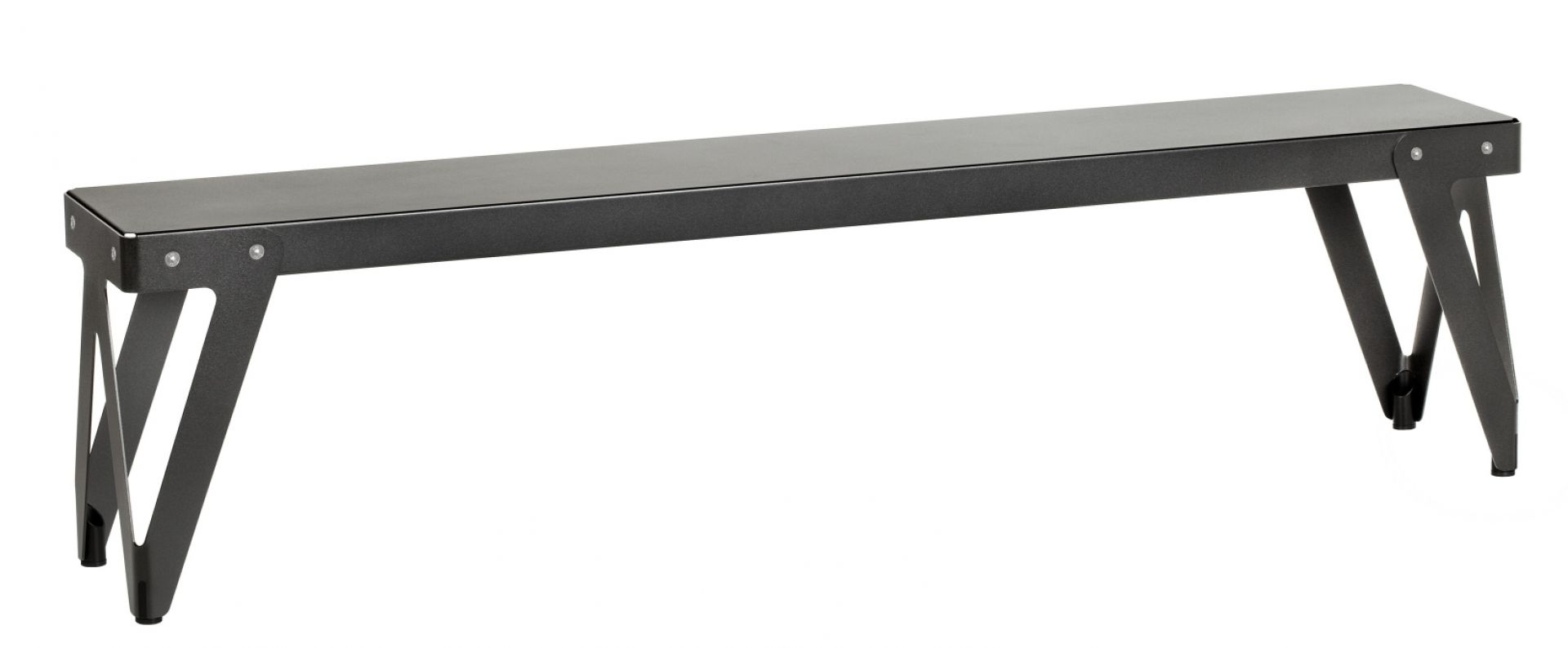 Schwarze Lloyd Outdoor Bank mit minimalistischem Design und robustem Metallgestell für den Garten.