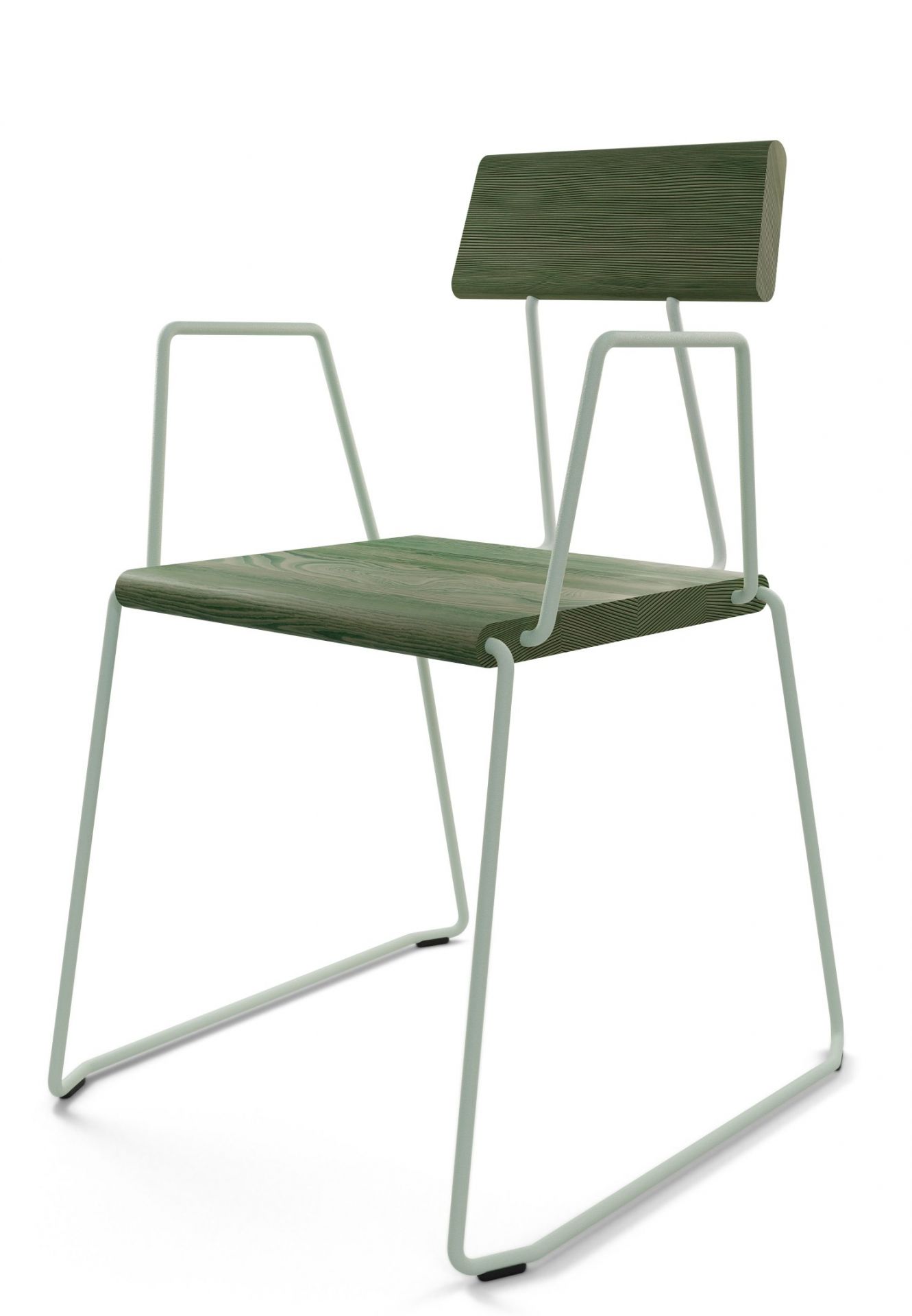 D:006 Stuhl Waldgrün: Moderner Holzstuhl mit Armlehnen und mintfarbenem Metallgestell für Esszimmer und Büro.