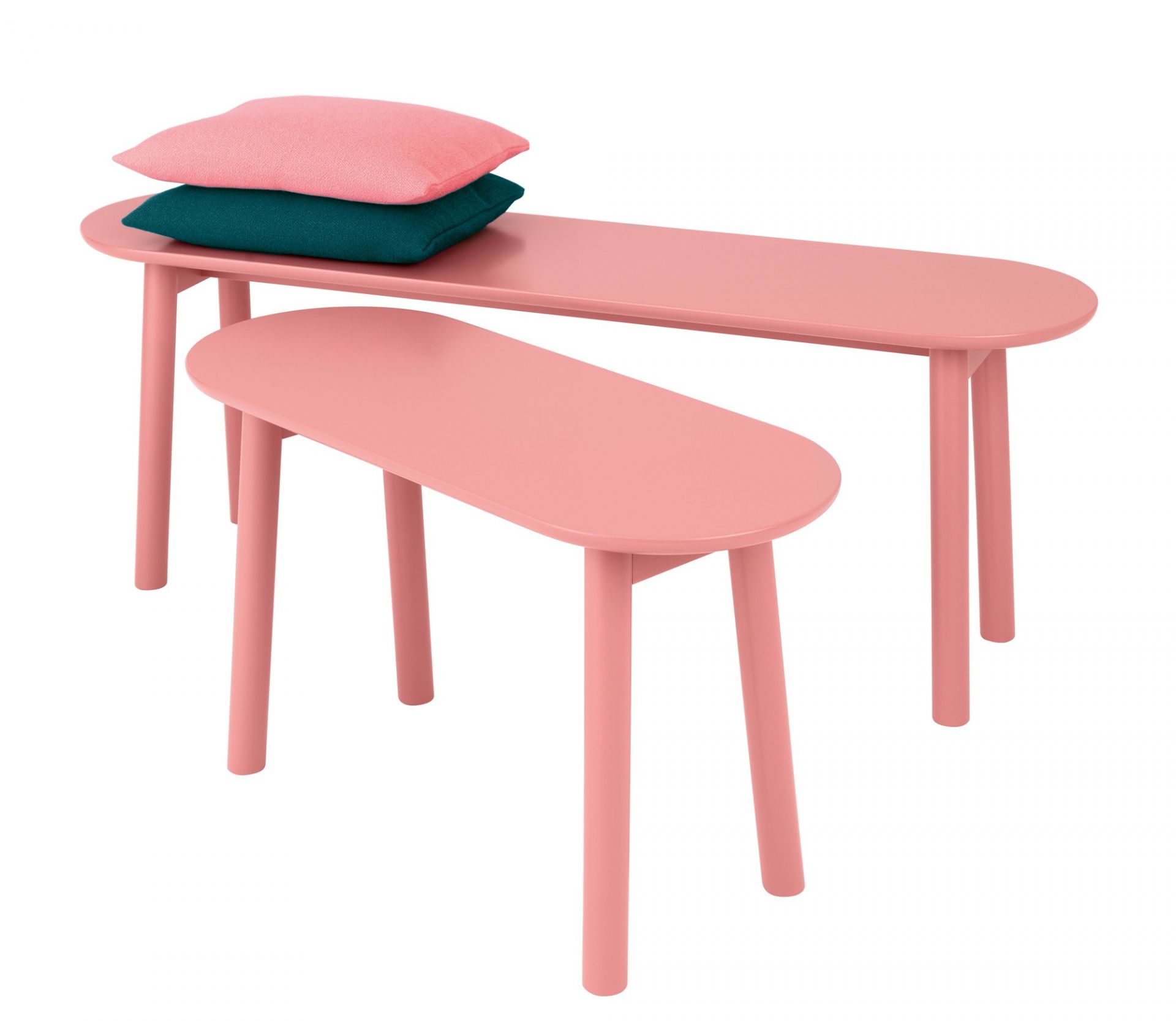 Rosa Mala Sitzbank von Schönbuch mit Kissen, moderne Holzbank für Flur und Wohnbereich.