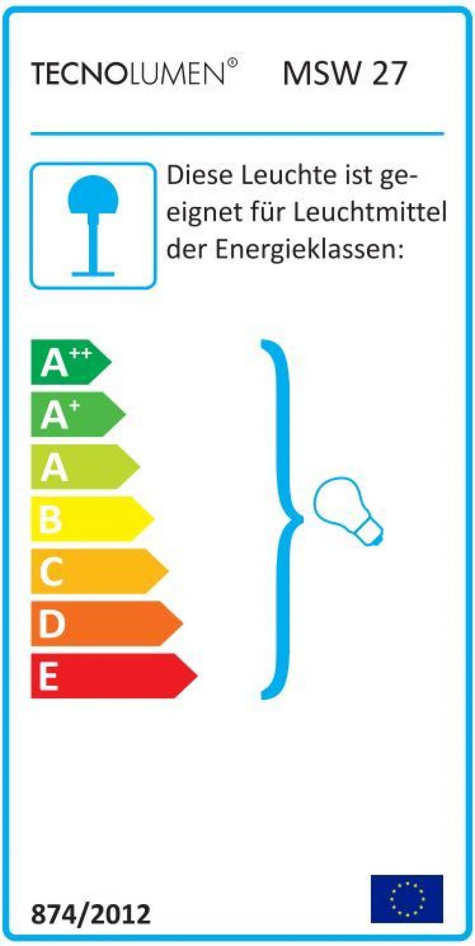 Energieeffizienzlabel der Tecnolumen MSW 27 Wandleuchte, zeigt Energieklassen von A++ bis E.