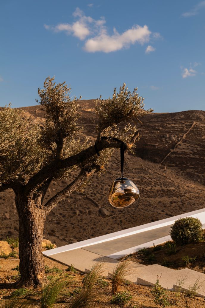 Tom Dixon Melt Large LED Hängeleuchte Opal hängt an einem Baum.