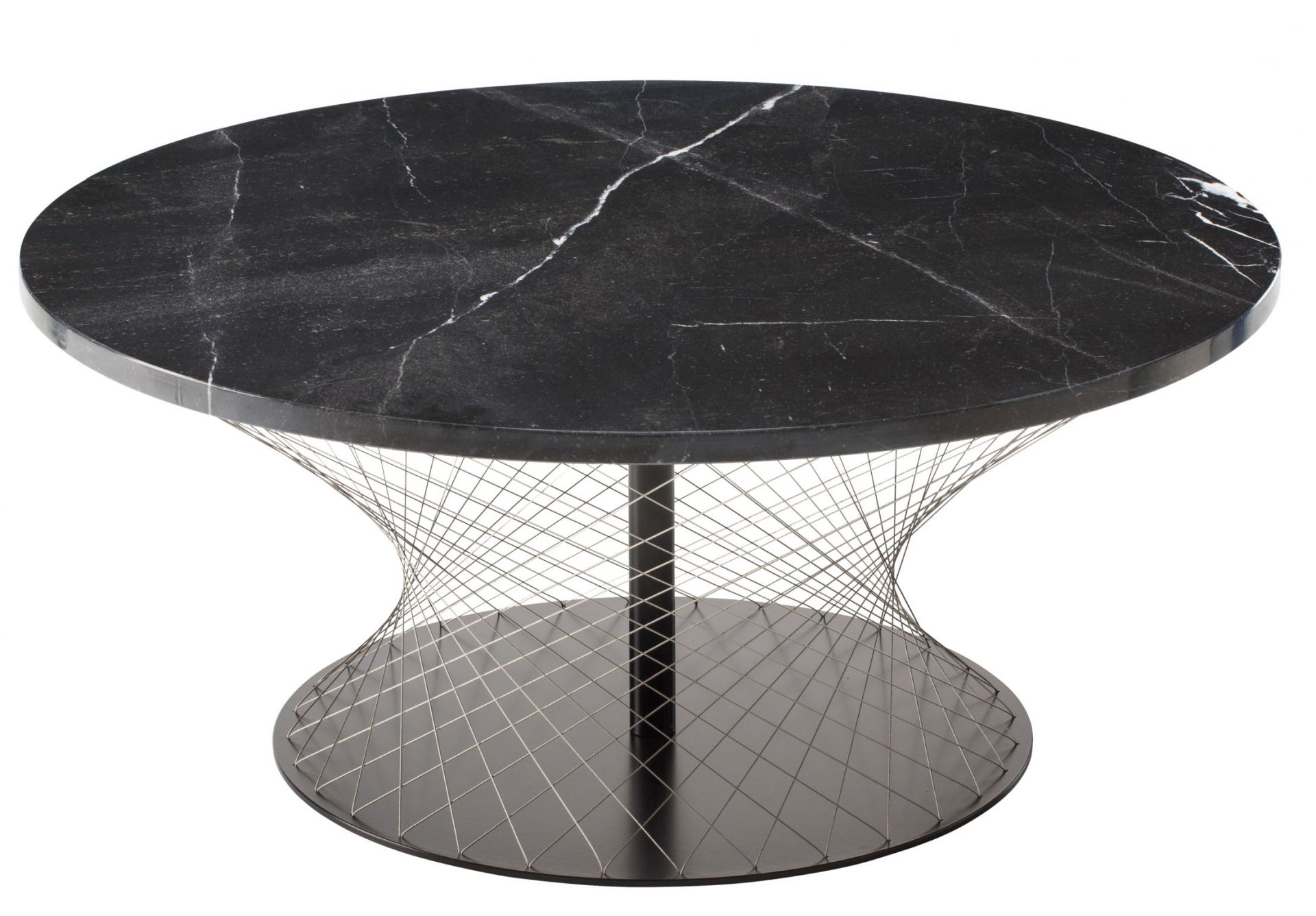 Schwarzer Couchtisch Favius mit runder Marmorplatte und filigranem Drahtgestell für modernes Wohnzimmer.