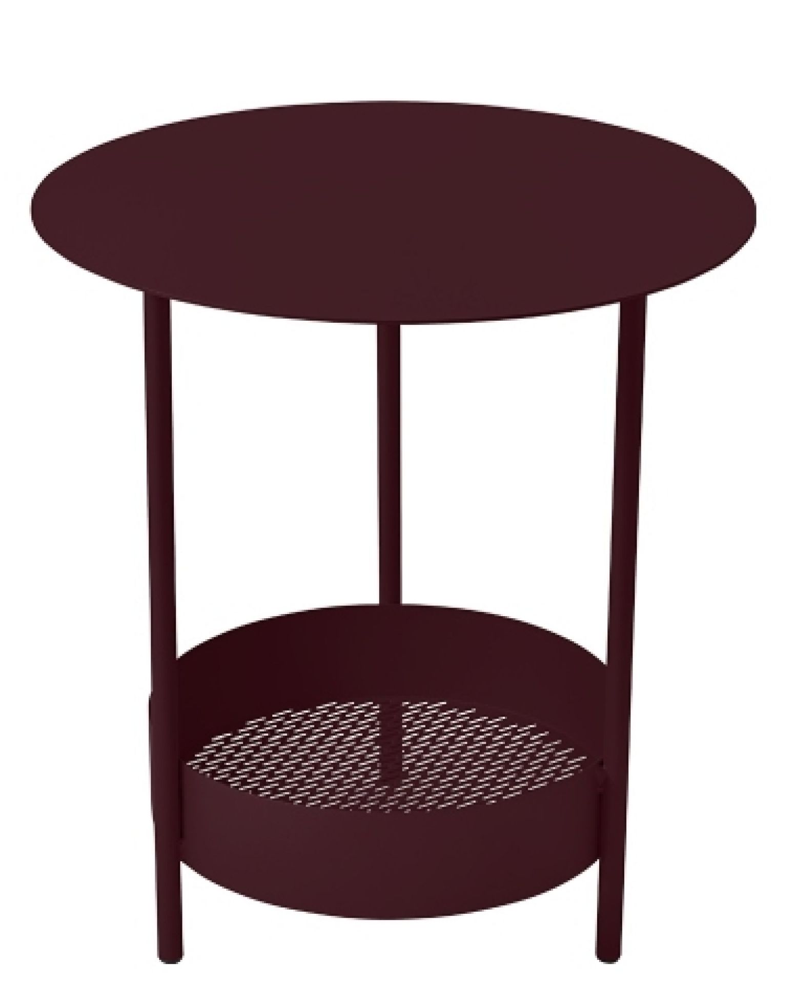 Burgunderroter Fermob Salsa Beistelltisch für den Garten mit runder Tischplatte und Ablagekorb.