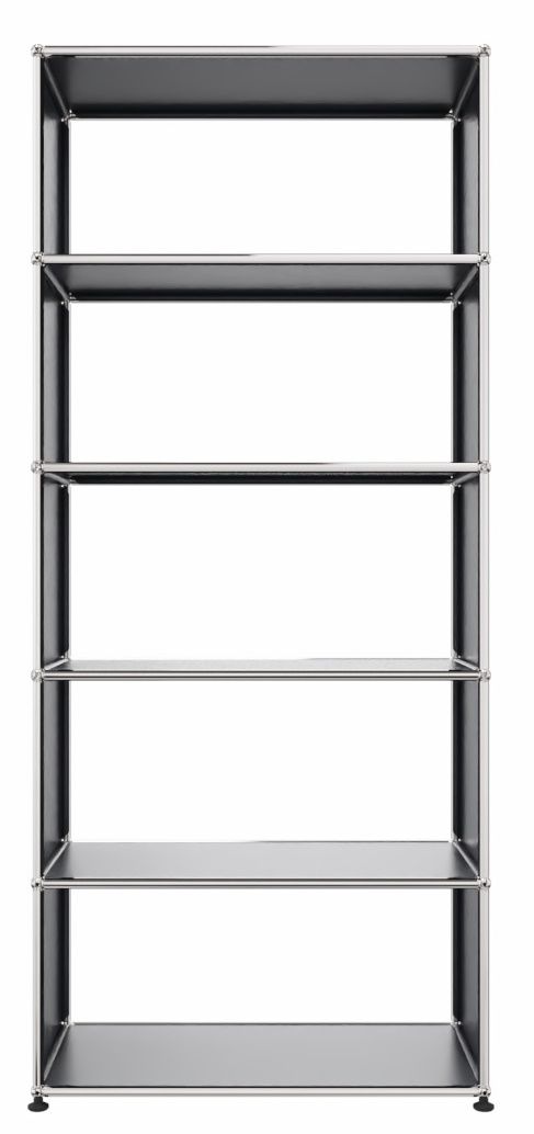 USM Haller Regal in Anthrazitgrau mit fünf Fächern und verchromtem Gestell, modernes modulares Möbeldesign.