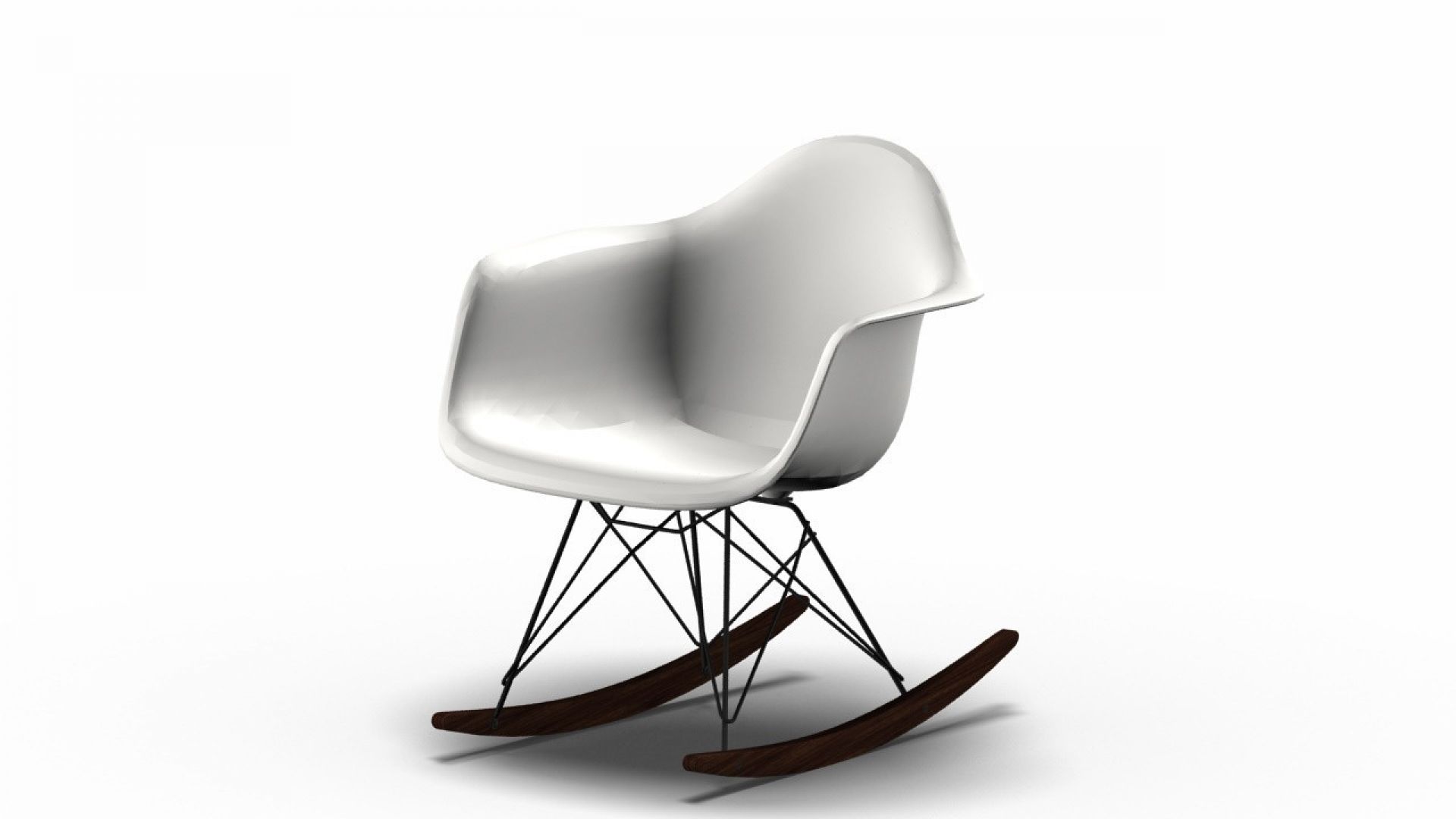 Vitra Eames RAR Schaukelstuhl mit weißer Sitzschale und Ahorn-Kufen, modernes Design für Wohnzimmer.