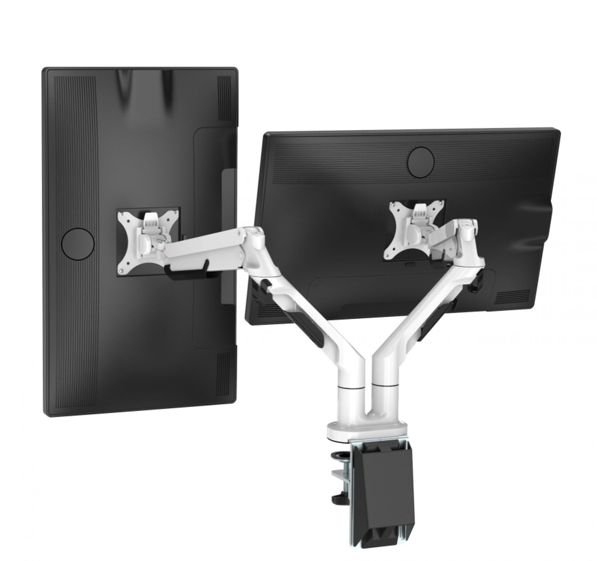 Zwei Monitore befestigt an einem weißen Hiplift Monitor Schwenkarm mit Tischklemme, Rückansicht.