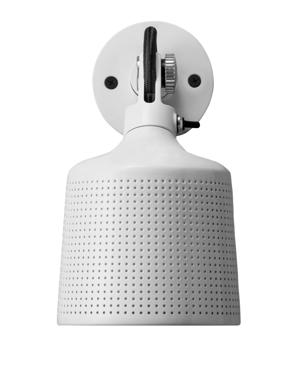 Nahaufnahme des weißen Vipp Wandspots EINZELSTÜCK mit perforiertem Lampenschirm und schwarzem Kabel.