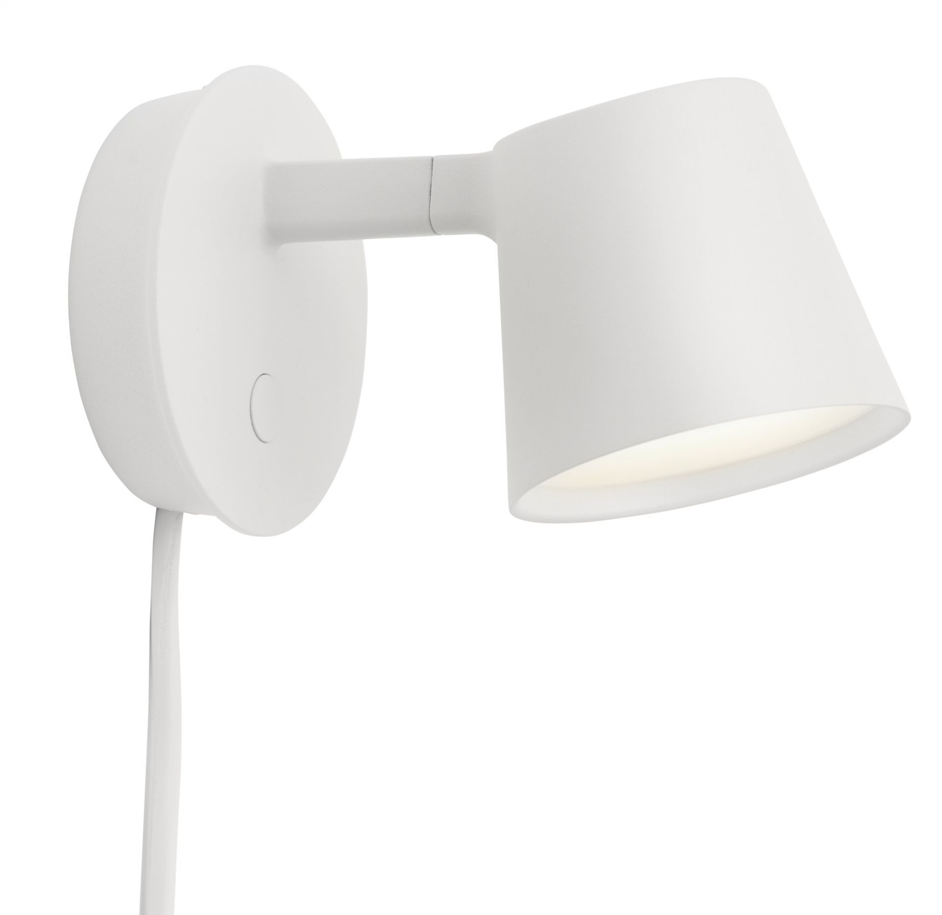 Weiße Muuto Tip Wandleuchte mit Kabel, minimalistisches Design für Schlafzimmer und Wohnzimmer.