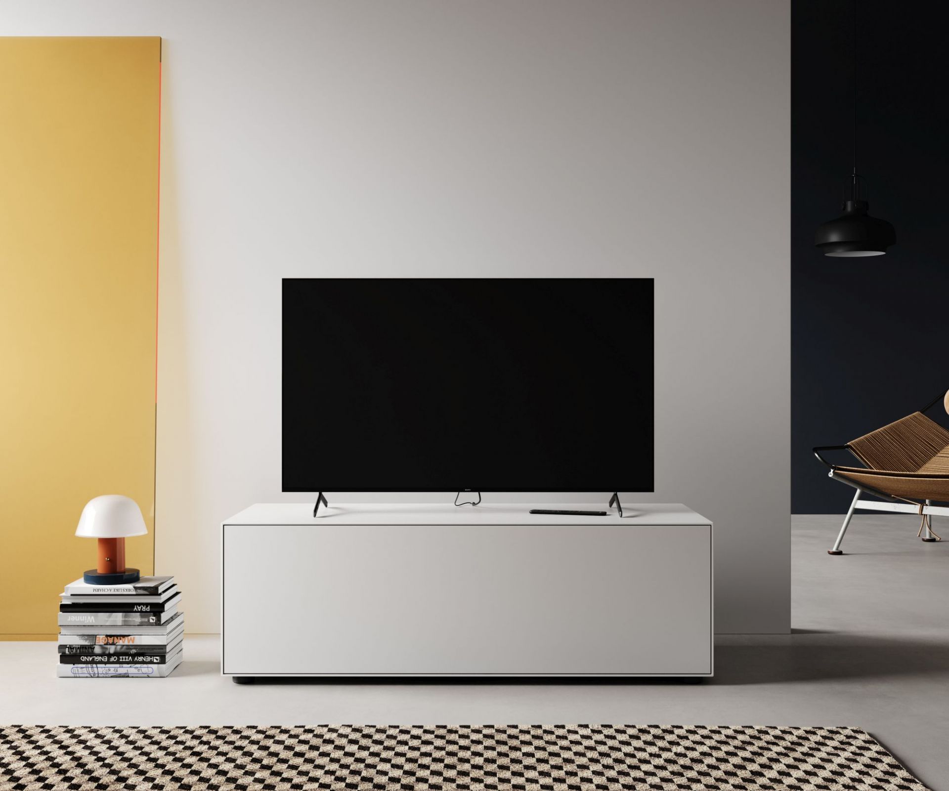 Weißes Nex Pur Box TV-Lowboard von Piure mit Medienklappe und modernem Design.